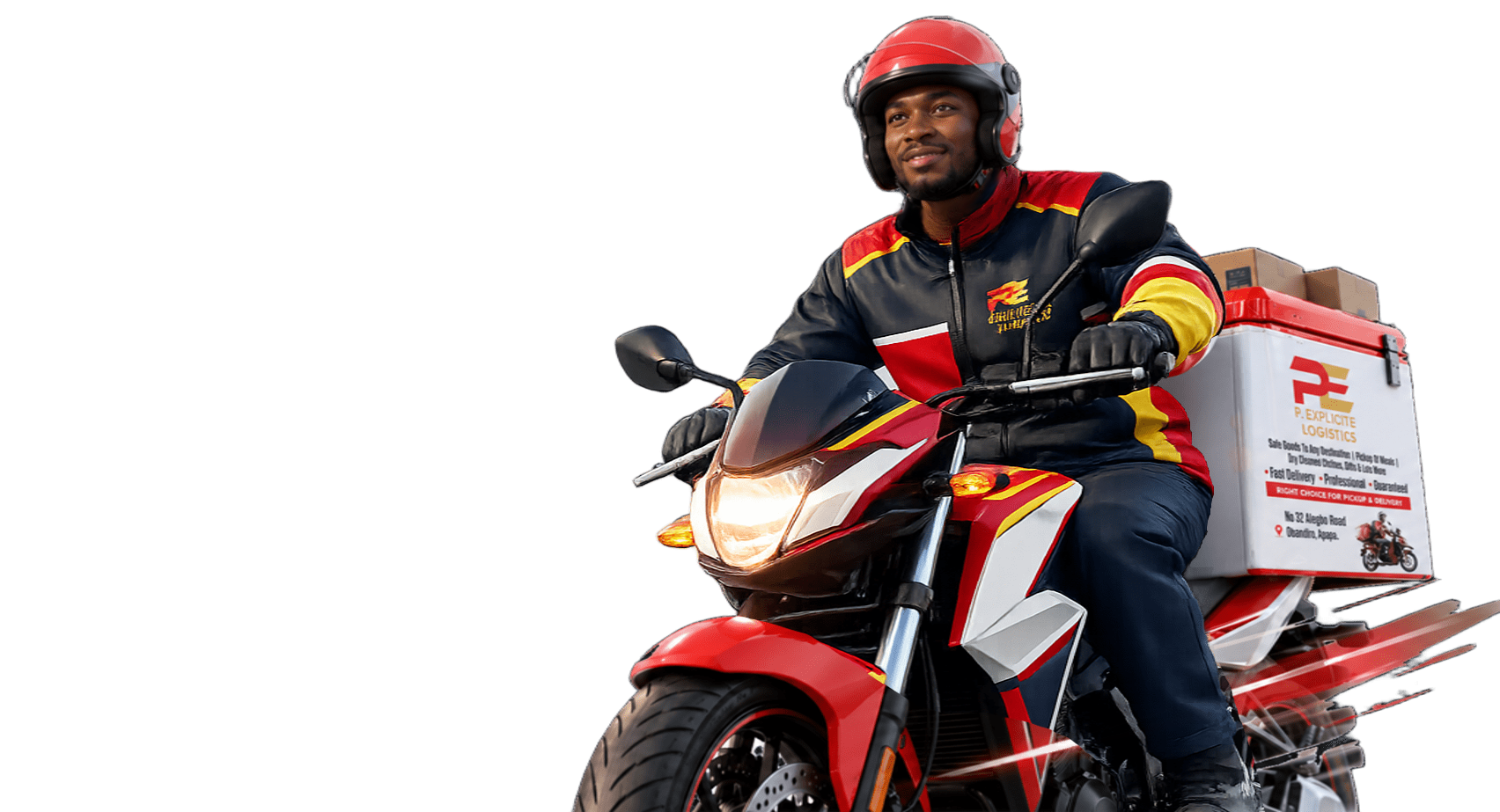 A professional bike courier riding forward with a branded delivery box